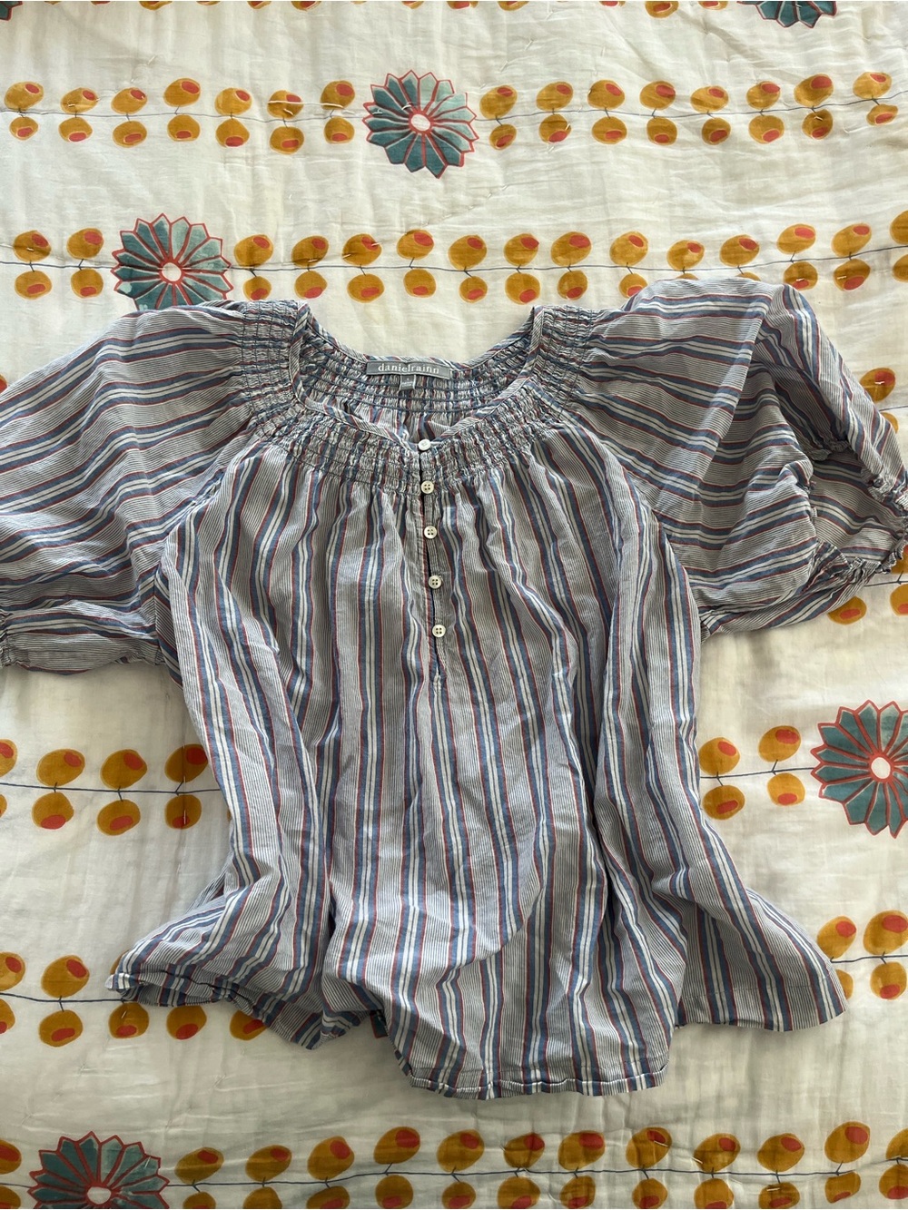 Daniel Rainn Striped Off-Shoulder Top in Light Gray, Navy, and Burgundy
